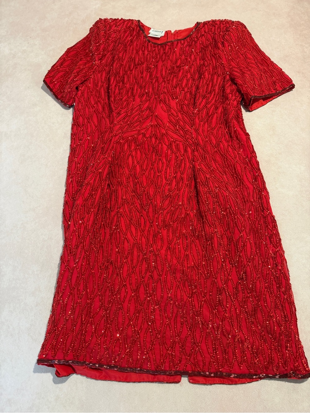 Red Beaded Short Sleeve Women's Dress • size XL